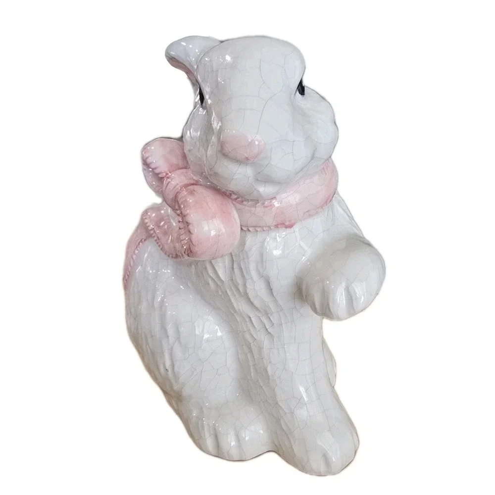 VTG Lot 2 white crackle glaze ceramic bunny pink bow Kitsch Easter Spring Size L